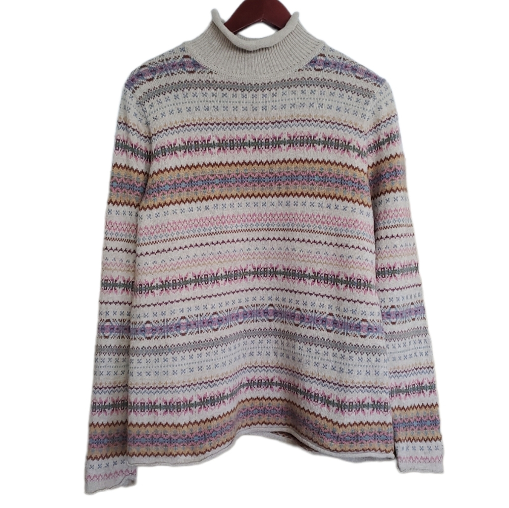 Vintage LL Bean Mock Neck Sweater Tan Multicolor Fair Isle Large